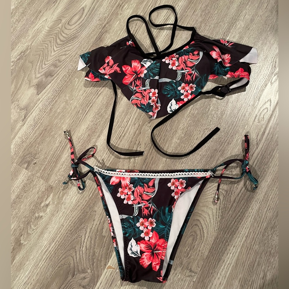 Tropical Floral on Black Bikini bathing suit